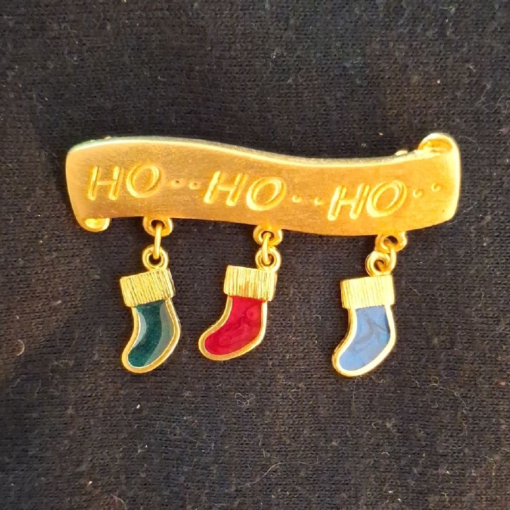 Gold and Green Holiday Decor Brooch with Festive Stockings
